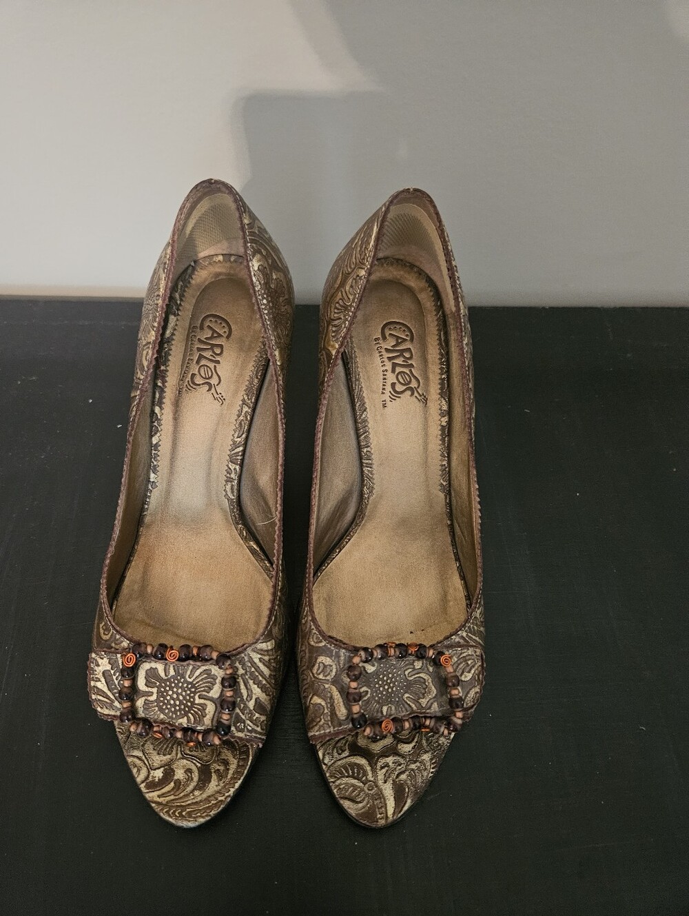 Carlos Santana Peep Toe Heels Tooled Leather